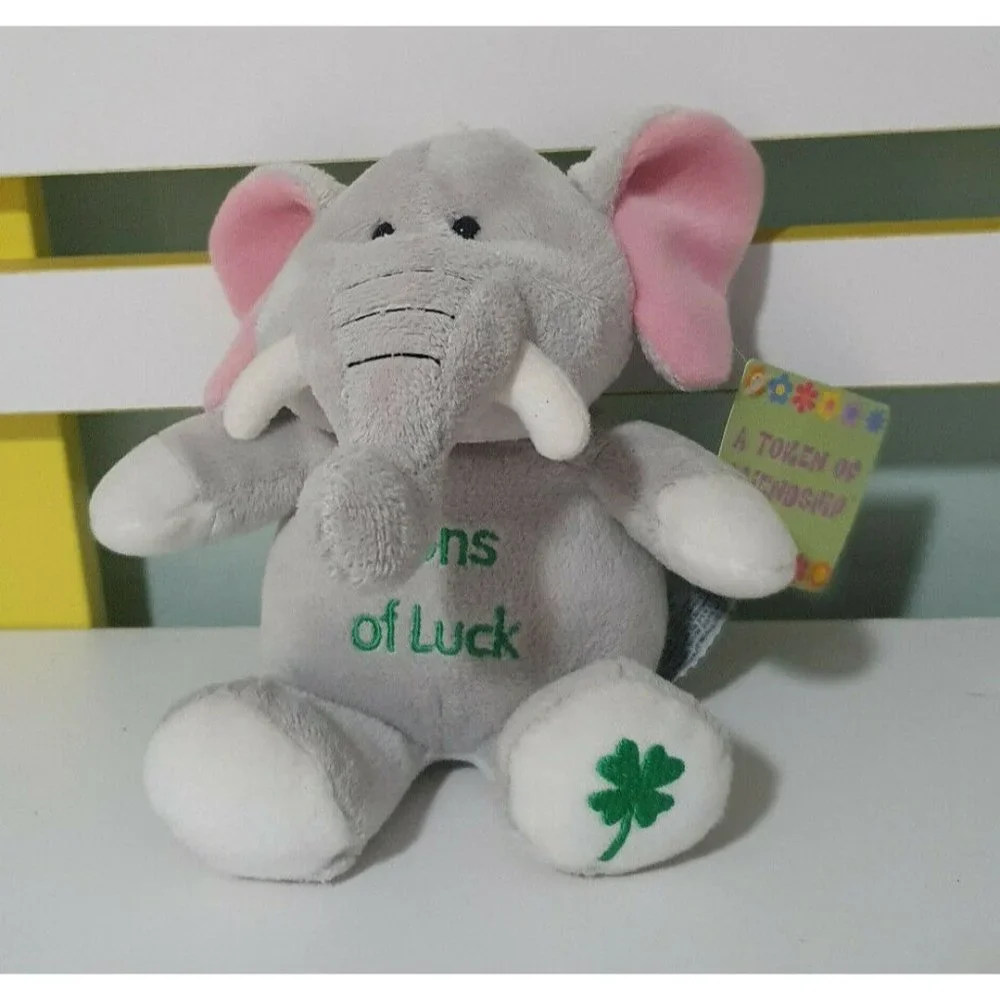 Russ Tons of Luck Elephant Plush Stuffed Animal Gray Pink White Shamrock - Picture 1 of 3